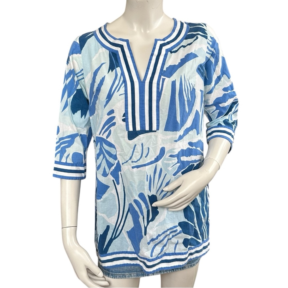 Gretchen Scott Blue White Palm Leaf Coastal Preppy 3/4 Sleeve Cotton Tunic Small